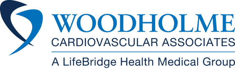 Logo for Woodholme Cardiovascular Associates, a LifeBridge Health Medical Group, featuring a blue abstract heart design to the left of the clinic name in blue text.